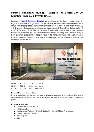 Piramal Mahalaxmi Mumbai - Explore The Dream City Of Mumbai From Your Private Decks