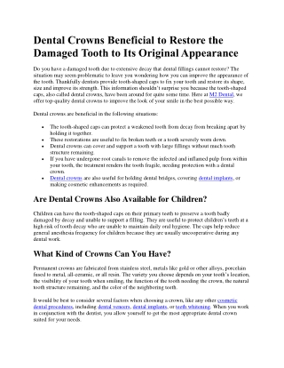 Dental Crowns Beneficial to Restore the Damaged Tooth to Its Original Appearance