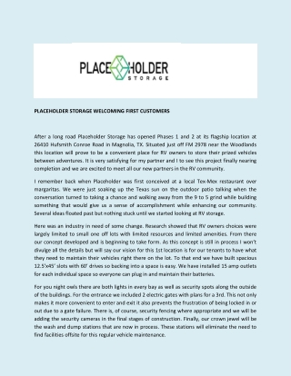 Placeholder Storage Welcoming First Customers