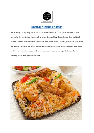$5 Off - Bombay Vintage Brighton Menu Takewaway, SA
