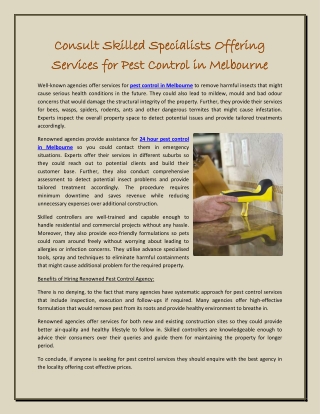 Consult Skilled Specialists Offering Services for Pest Control in Melbourne