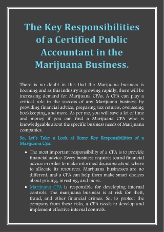 The Key Responsibilities of a Certified Public Accountant in the Marijuana Business.