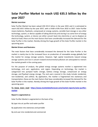 Solar Purifier Market to reach US$ 635.5 billion by the year 2027