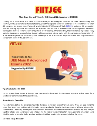 Must Read Tips and Tricks for JEE Exam 2022 Suggested by FIITJEE