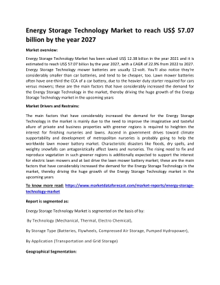 Energy Storage Technology Market to reach US$ 57.07 billion by the year 2027