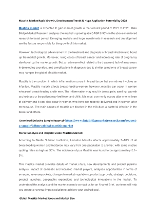 Mastitis Market Rapid Growth, Development Trends & Huge Application Potential by 2028