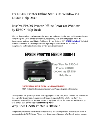 Fix EPSON Printer Offline Status On Window via EPSON Help Desk