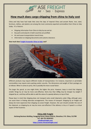 How much does cargo shipping from china to Italy cost