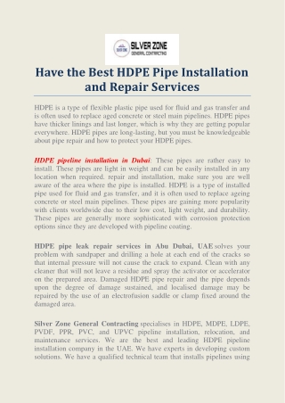 Have the Best HDPE Pipe Installation and Repair Services