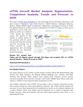 eVTOL Aircraft Market Analysis, Segmentation, Competitors Analysis, Trends and Forecast to 2030