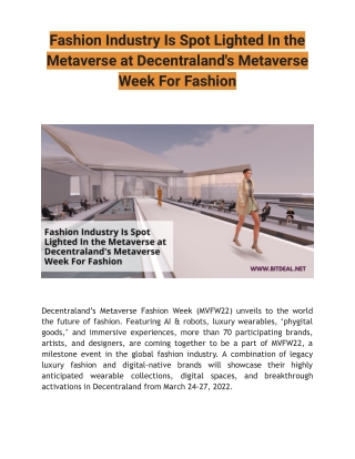 Fashion Industry Is Spot Lighted In the Metaverse at Decentraland's Metaverse We