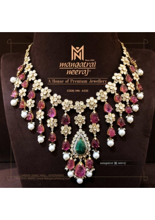 Trendy Polki Necklace with Uncuts and Ruby, Emerald stones
