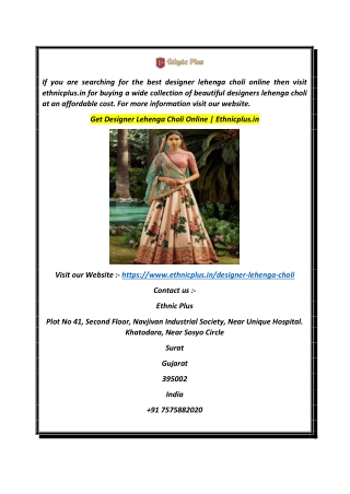 Get Designer Lehenga Choli Online  Ethnicplus.in