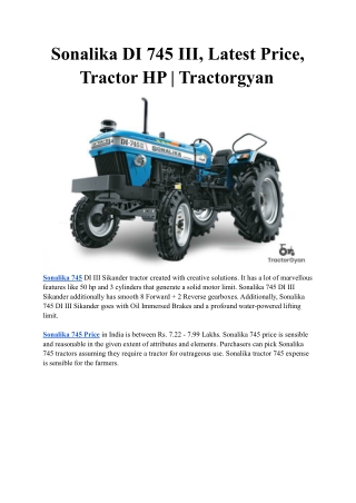 Sonalika DI 745 III, Latest Price, Tractor HP _ Tractorgyan