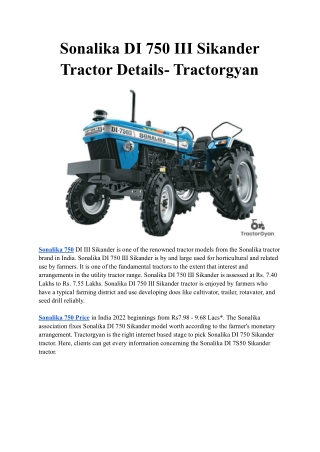 Sonalika DI 750 III Sikander Tractor Details- Tractorgyan