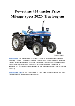 Powertrac 434 tractor Price Mileage Specs 2022- Tractorgyan