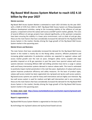 Rig Based Well Access System Market to reach US$ 4.10 billion by the year 2027