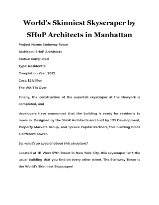 World’s Skinniest Skyscraper by SHoP Architects in Manhattan