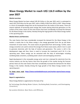 Wave Energy Market to reach US$ 116.9 million by the year 2027