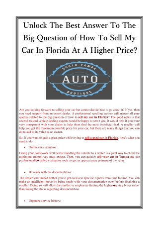 Unlock The Best Answer To The Big Question of How To Sell My Car In Florida At A Higher Price