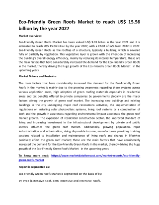 Eco-Friendly Green Roofs Market to reach US$ 15.56 billion by the year 2027