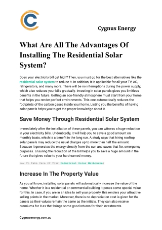 What Are All The Advantages Of Installing The Residential Solar System