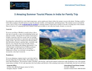 5 Amazing Summer Tourist Places in India for Family Trip