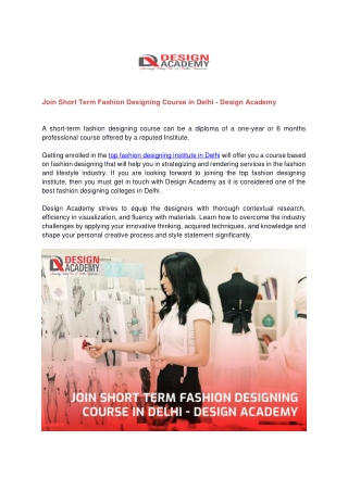 Join Short Term Fashion Designing Course in Delhi - Design Academy