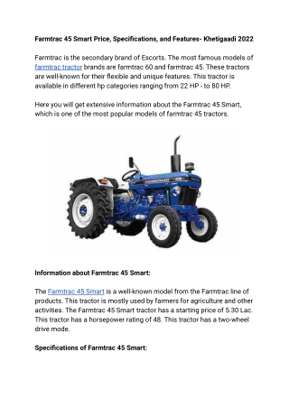 Farmtrac 45 Smart Price, Specifications, and Features- Khetigaadi 2022