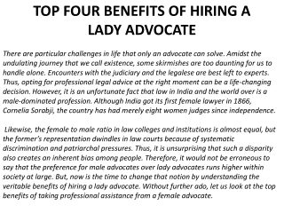 TOP FOUR BENEFITS OF HIRING A LADY ADVOCATE