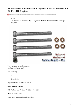 imsautoparts.com-4x Mercedes Sprinter W906 Injector Bolts amp Washer Set Kit For 646 Engine