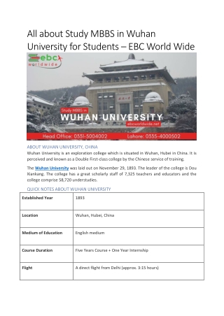 All about Study MBBS in Wuhan University for Students – EBC World Wide
