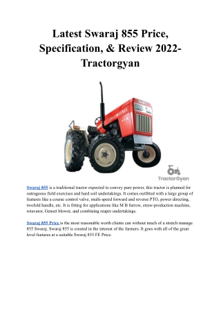 Latest Swaraj 855 Price, Specification, & Review 2022- Tractorgyan