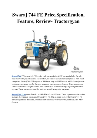 Swaraj 744 FE Price,Specification, Feature, Review- Tractorgyan