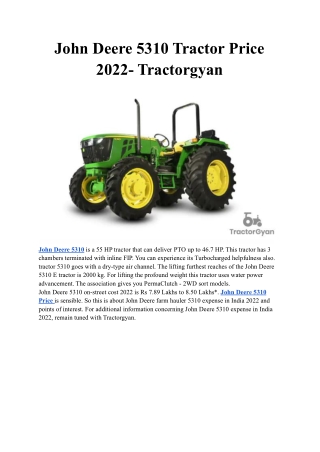 John Deere 5310 Tractor Price 2022- Tractorgyan