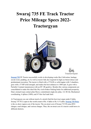 Swaraj 735 FE Track Tractor Price Mileage Specs 2022- Tractorgyan