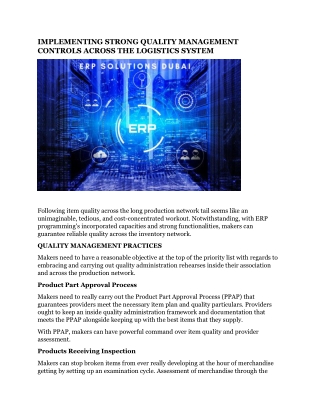 IMPLEMENTING STRONG QUALITY MANAGEMENT CONTROLS ACROSS THE LOGISTICS SYSTEM