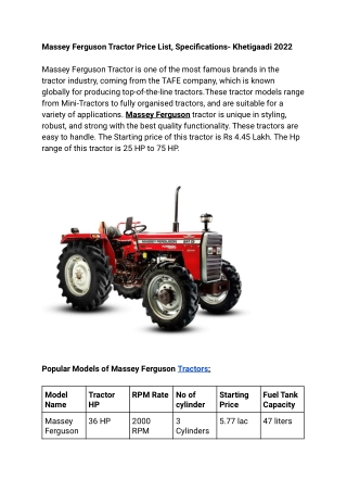 Massey Ferguson Tractor Price List, Specifications- Khetigaadi 2022