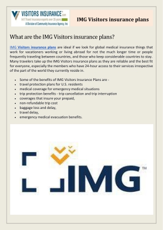 IMG Visitors insurance plans