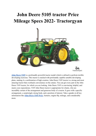 John Deere 5105 tractor Price Mileage Specs 2022- Tractorgyan