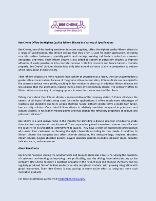 Bee Chems Offers the Highest Quality lithium Silicate in a Variety of Specifications