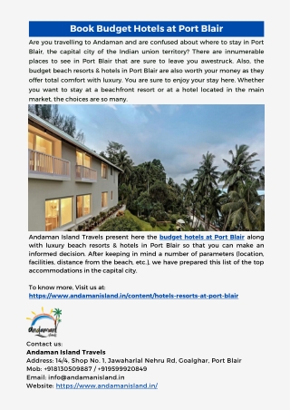 Book Budget Hotels at Port Blair