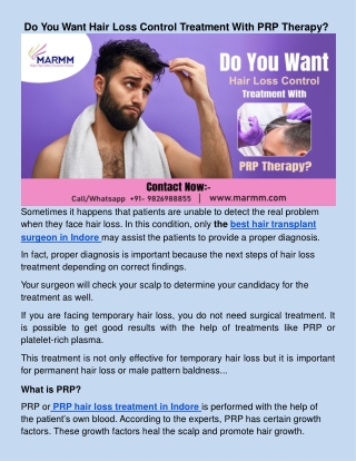 ​Do You Want Hair Loss Control Treatment With PRP Therapy?