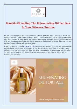 Benefits Of Adding The Rejuvenating Oil For Face In Your Skincare Routine