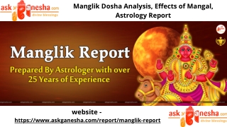 Manglik Dosha Analysis, Effects of Mangal, Astrology Report