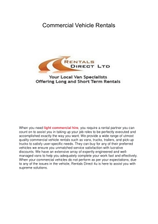 Local vehicle rental company | local van hire ​| rentalsdirect4u.co.uk