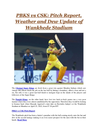 PBKS vs CSK Pitch Report, Weather and Dew Update of Wankhede Stadium