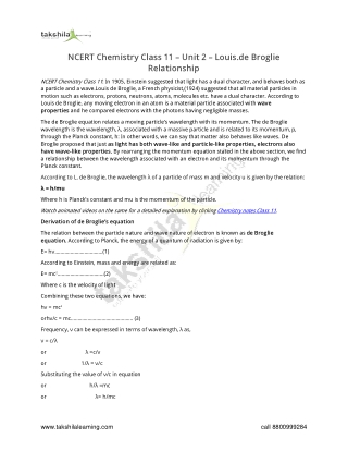 NCERT Chemistry Class 11 - Unit 2 - Louis.de Broglie Relationship