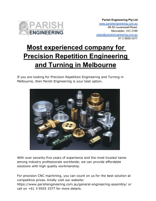 Experienced company for Precision Repetition Engineering and Turning in Melbourn
