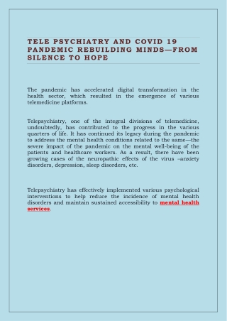 TELE PSYCHIATRY AND COVID 19 PANDEMIC rebuilding Minds -from silence to hope